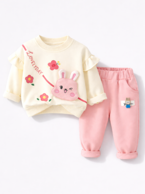 set roz cu iepuras pentru fetite fete copii cu pulover si pantaloni de trening sport perry