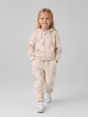 compleu bej cu hanorac cu gluga si pantaloni imprimeu fluturi lucy