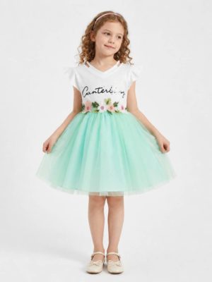 set cu tricou alb si fusta cu tul verde pentru fete fetite flower belt