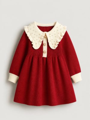 rochie lunga rosie tricotata cu guler mare pentru fetite fete de iarna toamna iarna rochita rosie eli