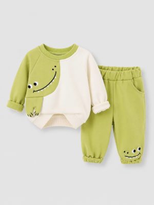 set compleu verde dino cu pulover si pantaloni pentru baietei baieti pentru toamna iarna robin