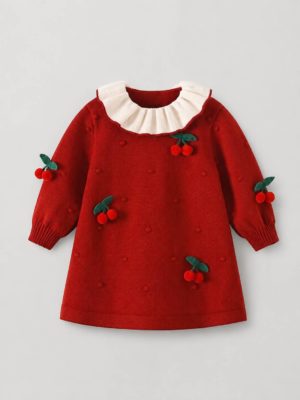 rochie lunga tricotata rochita rosie cu cirese pentru fetite fete cherri