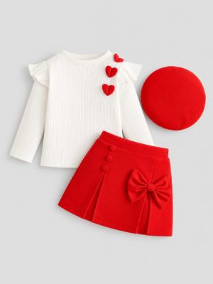 set cu bluza alba si fusta scurta rosie compleu pentru bebeluse bebelusi fetite fete cu trei piese cu palarie betty rosu