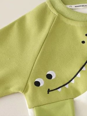 set compleu verde dino cu pulover si pantaloni pentru baietei baieti pentru toamna iarna robin