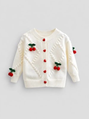 cardigan crem bej deschis cu cirese cardigan tricotat pentru fetite fete copii cu cirese cardigan pentru toamna iarna cerise