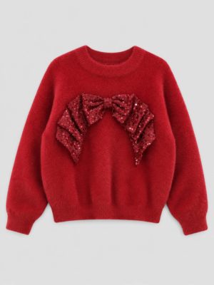pulover rosu pufos pentru fetite fete pulover calduros tricotat pentru craciun sarbatori de iarna pentru copii shiny bow