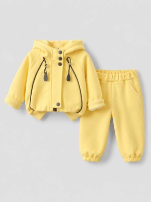 trening galben pentru copii baietei baieti set sport cu hanorac cu gluga si pantaloni l;ungi pentru copii jake
