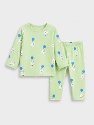 set de pijama pentru copii fetite baietei cu doua piese cu imprimeu verde greencandy