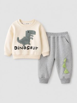 set cu doua piese pentru baietei compleu cu dinozaur cu pulover si pantaloni de trening gri pentru copii baieti ogy
