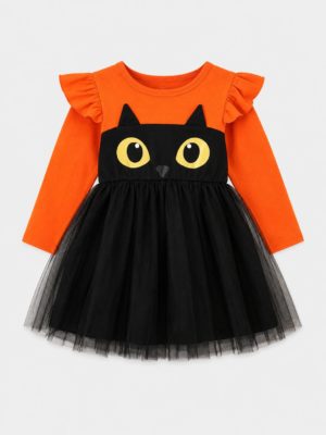 rochie de halloween pentru fete fetite copii cu pisica neagra rochie portocalie cu negru halloween kitty