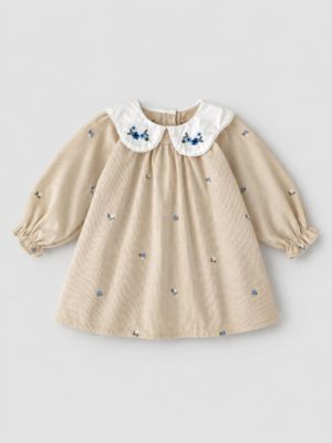 rochie brodata bej cu flori pentru fetite fete rochita bej pentru toamna iarna primavara cu maneci lungi lucy