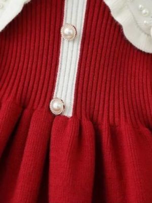 rochie lunga rosie tricotata cu guler mare pentru fetite fete de iarna toamna iarna rochita rosie eli