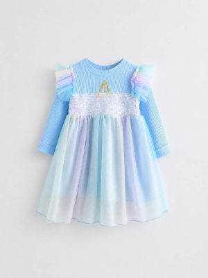 rochie albastra cu paiete rochie stralucitoare pentru fetite cu unicorn rochie lunga joy