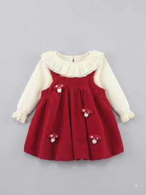 rochie cu bluza alba si sarafan rosu rochita cu bretele rosie cu ciuperci ciupercute set de doua piese pentru fetite fete shrooms red