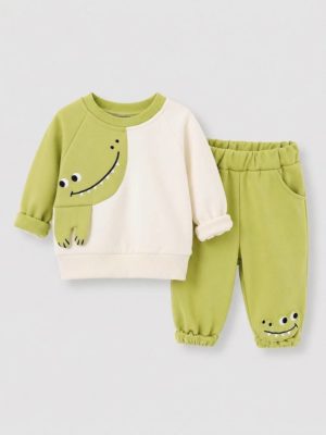 set compleu verde dino cu pulover si pantaloni pentru baietei baieti pentru toamna iarna robin