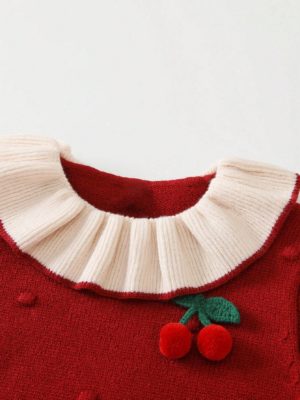rochie lunga tricotata rochita rosie cu cirese pentru fetite fete cherri