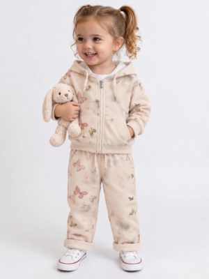 compleu bej cu hanorac cu gluga si pantaloni imprimeu fluturi lucy