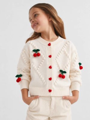 cardigan crem bej deschis cu cirese cardigan tricotat pentru fetite fete copii cu cirese cardigan pentru toamna iarna cerise